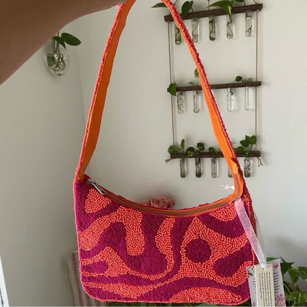 Beaded Shoulder Bag Colorblock Orange & Fuchsia - Picture 2 of 7